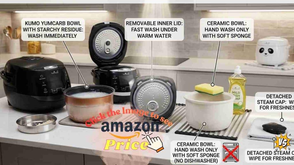 Showing clean-up for Yum Asia Advanced, Kumo, Panda Mini: removable lids, starchy bowls, hand washing.