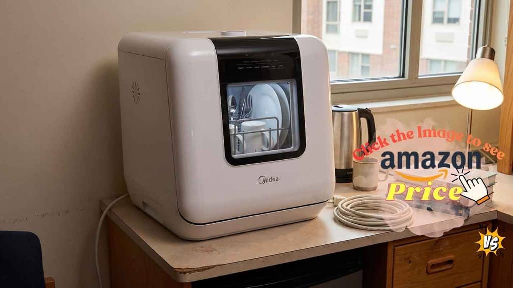 Midea compact dishwasher in a dorm room setting.