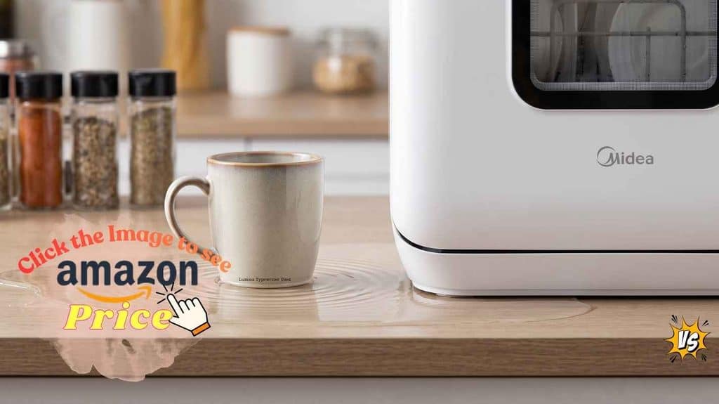 Midea portable dishwasher running on a counter.