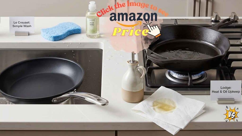 A Le Creuset pan and a Lodge pan compared in a kitchen.
