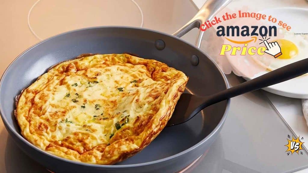 A clean GreenPan skillet shows non-stick success after testing a fried egg and frittata with no oil.