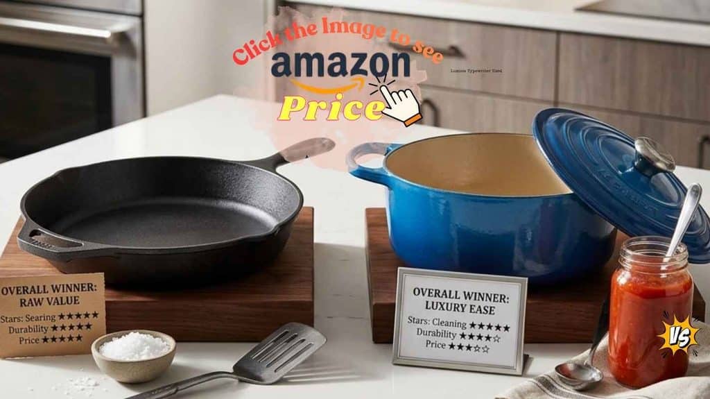 A comparison display of Lodge Classic cast iron and Le Creuset Signature enameled cookware on a kitchen counter with ratings.