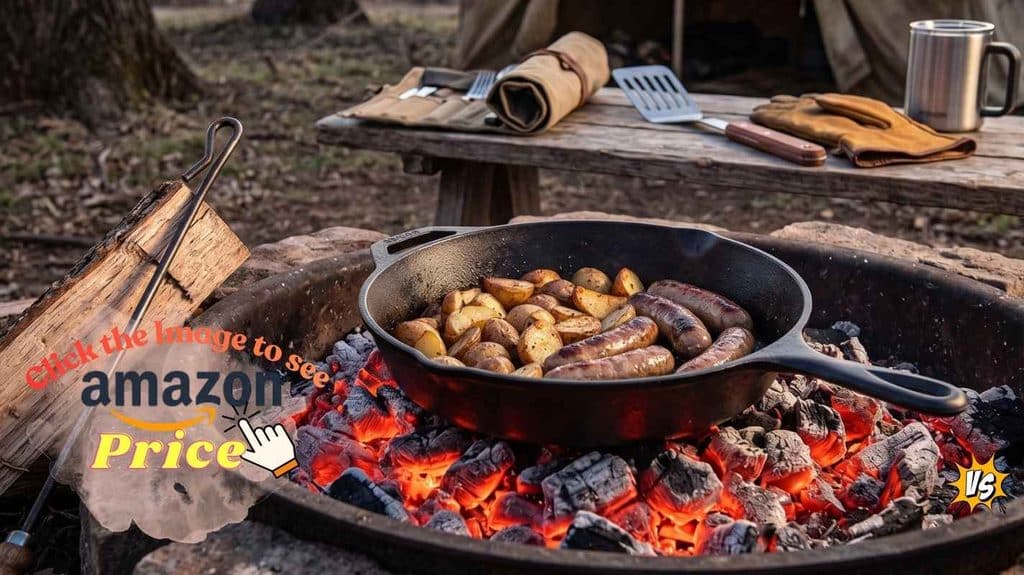 A tough Lodge skillet cooking on a campfire.