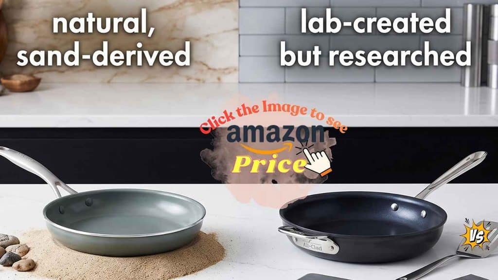 GreenPan pan on sand, All-Clad pan with science gear.