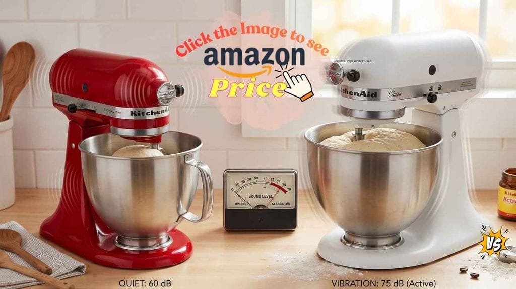 KitchenAid Artisan Mini is noticeably quieter; Classic mixer vibrates more when running side-by-side.