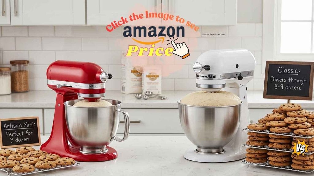 KitchenAid Classic holds large dough batch, towering 9 dozen cookies next to smaller 3 dozen pile from Artisan Mini.