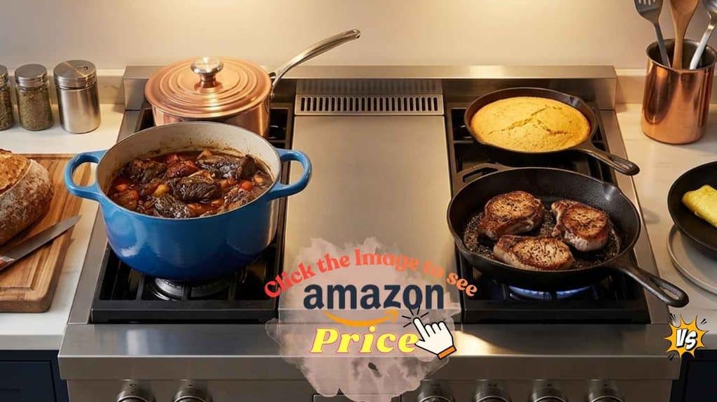Le Creuset Dutch oven, Lodge skillet, and nonstick pan cooking different dishes.