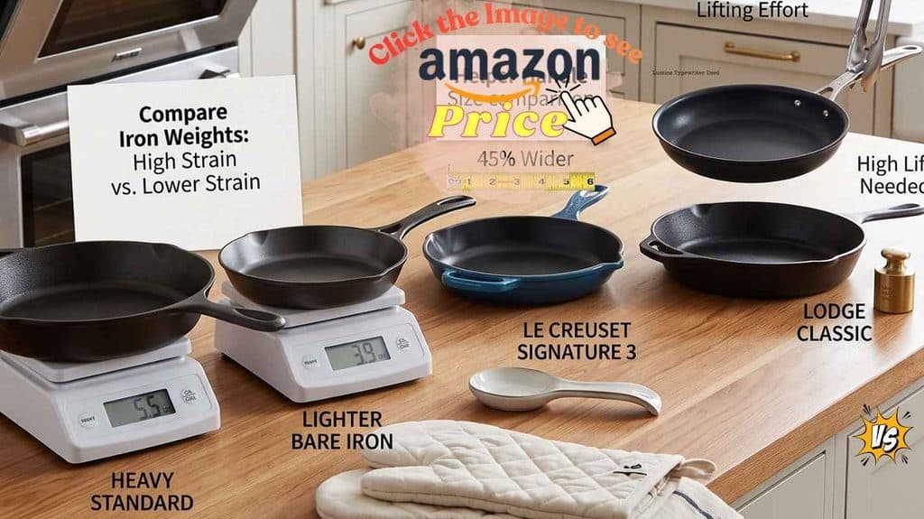 Lodge Blacklock and Le Creuset compared for weight.