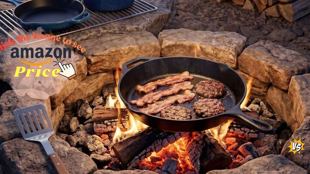 Lodge raw iron in fire; Le Creuset on a safe rock.