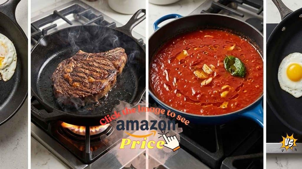 Lodge raw iron, seasoned iron searing, enameled sauce.
