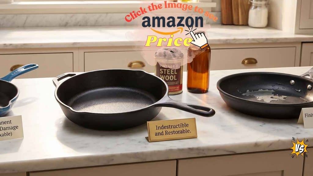 The indestructible Lodge pan wins; Le Creuset pans fail.
