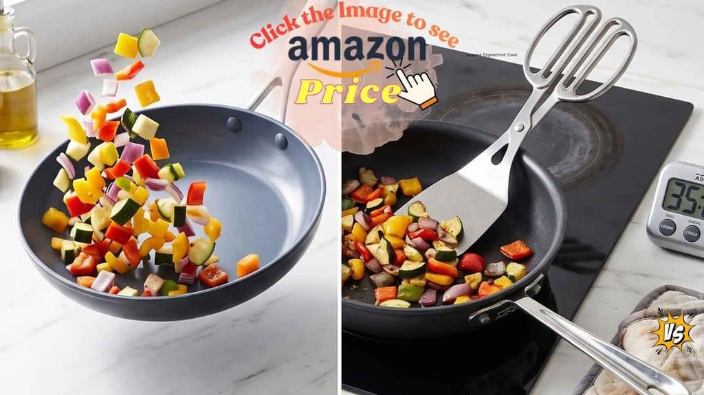 Veggie toss in gray pan vs cooking in dark pan.
