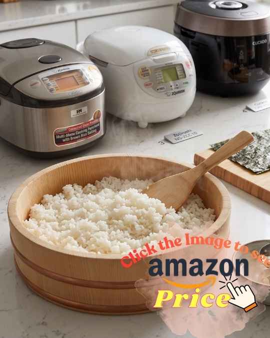 Zojirushi and Tiger pots, with wooden tools and maki.