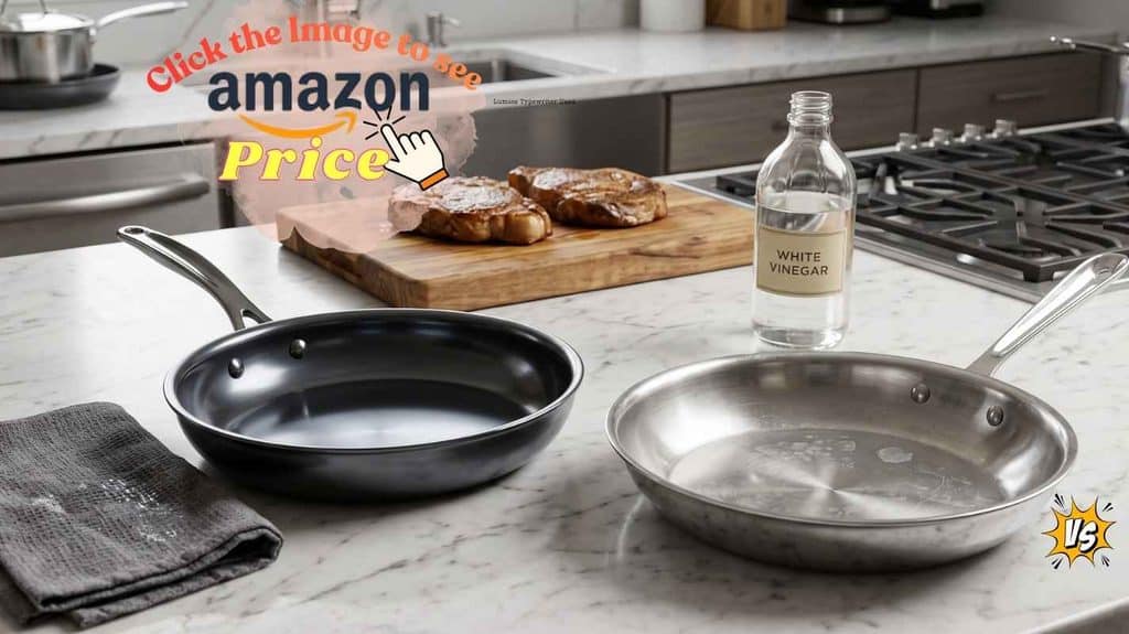 Hestan NanoBond and All-Clad D3 pans by dish towel