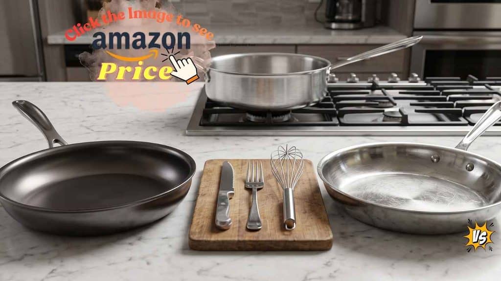 Hestan NanoBond and All-Clad D3 pans with utensils