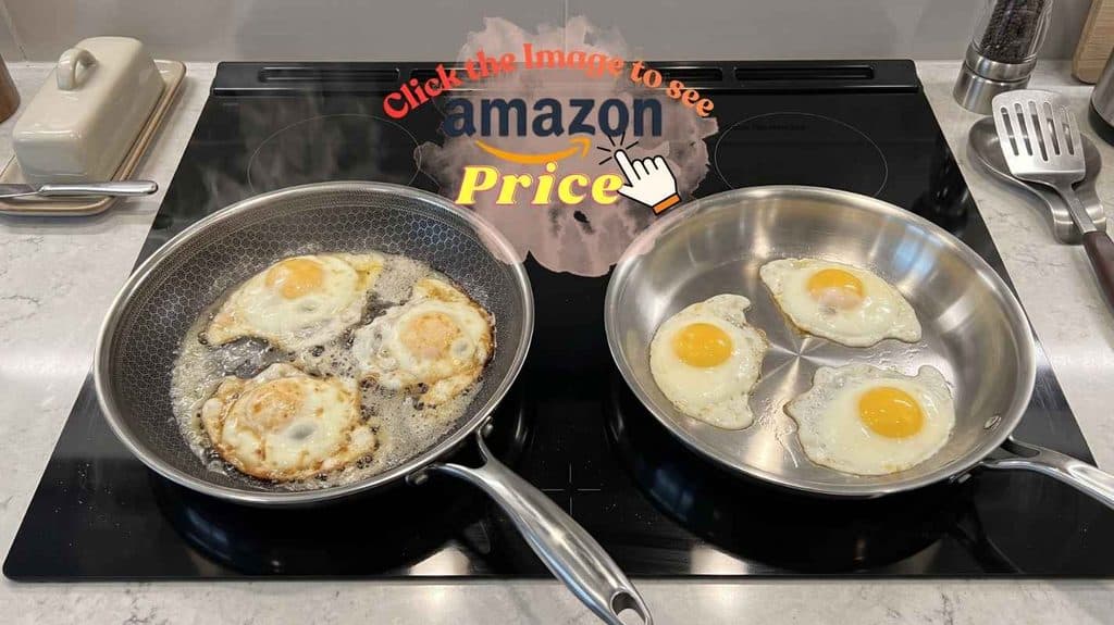 HexClad hexagon pan vs Made In smooth pan with egg