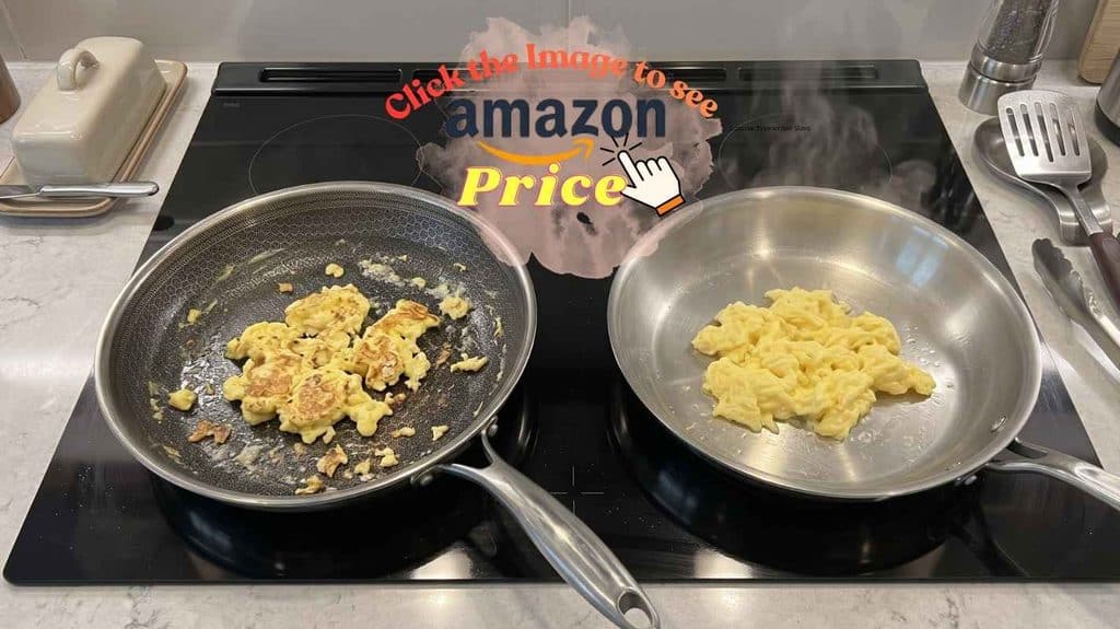 Scrambled eggs glide on Made In, stick on HexClad.